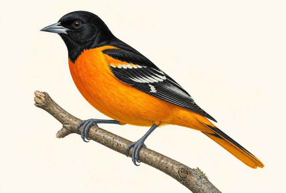 Painted illustration of a Baltimore Oriole