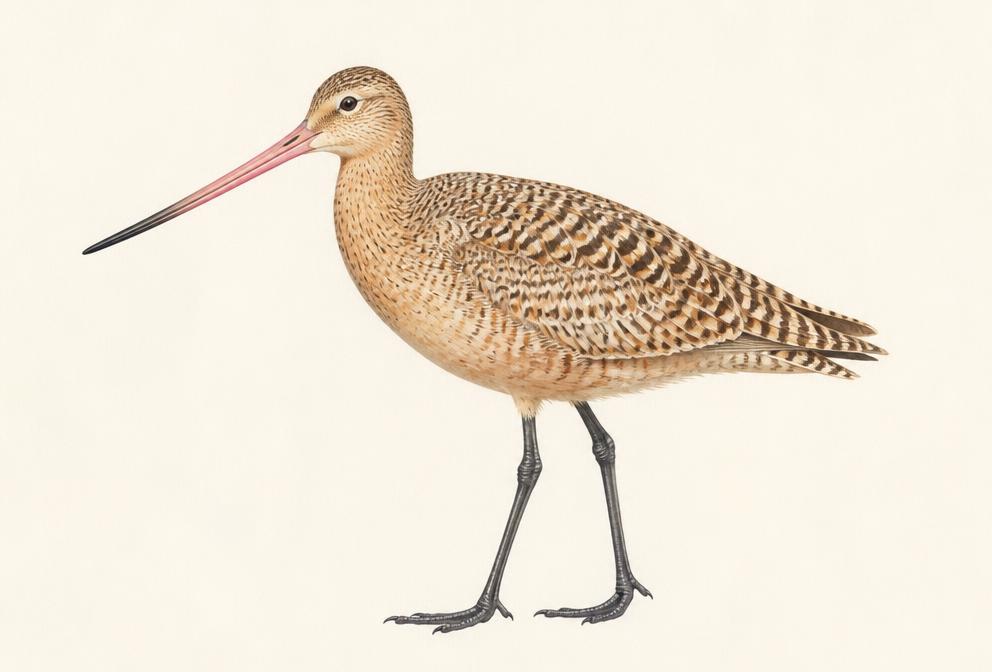 Painted illustration of a Marbled Godwit